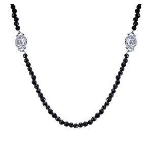 Gabriel & Co. NK3492SVJBS sterling silver Roaring 20's Diamond Station necklace, front view of the faceted black beads