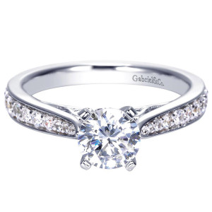 Gabriel & Co. ER8033W44JJ 14 karat white gold Contemporary engagement ring, front view of the round center flanked by bead set pave rows narrowing toward the shoulders