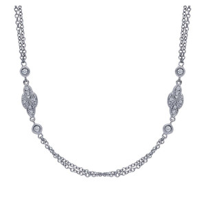 Gabriel & Co. NK914W44JJ 14 karat white gold Roaring 20's Diamond Station necklace, front view of the double cable strands