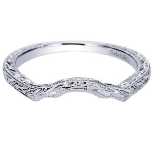Gabriel & Co. WB8865W4JJJ 14 karat white gold Victorian wedding band, front view of a shallow wave outline carved with wheat engraving inside beaded borders