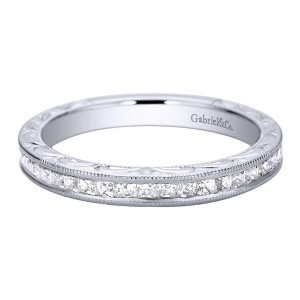 Gabriel & Co. WB9198W44JJ 14 karat white gold Victorian wedding band, front view of square stones set flush in a channel beside a scroll engraved rail