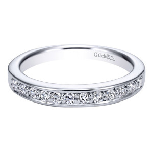 Gabriel & Co. WB3747W44JJ 14 karat white gold Victorian wedding band, front view of one bead set row recessed between plain polished rails running partway around