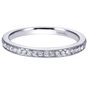 Gabriel & Co. WB7526W44JJ 14 karat white gold Victorian wedding band, angled view of a single bead set row between fine milgrain rims on a slim shank