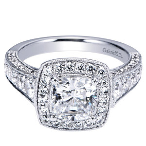 Gabriel & Co. ER8750W44JJ 14 karat white gold Victorian engagement ring, front view of the cushion center inside a milgrain rimmed halo above graduated shoulder stones