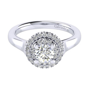Gabriel & Co. ER009B3AIW44JJ 14 karat white gold Perfect Match engagement ring, top view of two concentric halo rows circling the round center above tapered shoulders