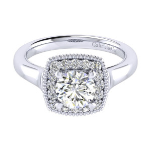 Gabriel & Co. ER009B4ABW44JJ 14 karat white gold Perfect Match engagement ring, top view of the cushion shaped halo framed by a beaded outer rim and tapering shoulders