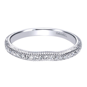 Gabriel & Co. WB9238W44JJ 14 karat white gold Victorian wedding band, front view of a fine row of small rounds above a ribbed engraved stripe