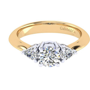 Gabriel & Co. ER3819M44JJ two-tone 14 karat gold Contemporary engagement ring, front view of a round center between two pointed side stones, smooth rounded shank
