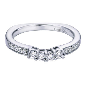 Gabriel & Co. WB5578W44JJ 14 karat white gold Victorian wedding band, front view of four larger shared prong stones dipping between milgrain edged bead set shoulders