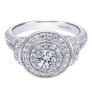 Gabriel & Co. ER910149W44JJ 14 karat white gold Contemporary engagement ring, angled view of the domed head with two halo rows divided by a polished rail
