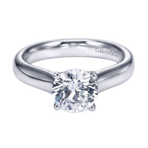 Gabriel & Co. ER6603PTJJJ platinum Contemporary engagement ring, front view of a round center sitting low between four bead prongs and polished shoulders