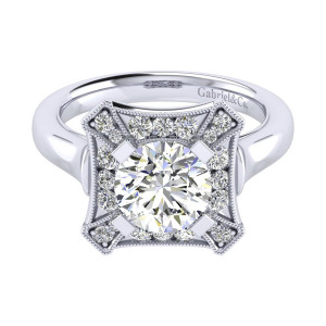 Gabriel & Co. ER009C8AEW44JJ 14 karat white gold Perfect Match engagement ring, top view of a round center framed by a starburst plate with milgrain edged concave sides