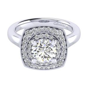Gabriel & Co. ER009C6AFW44JJ 14 karat white gold Perfect Match engagement ring, top view of the round inner halo circling the center inside a cushioned outer row