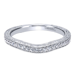 Gabriel & Co. WB9064W44JJ 14 karat white gold Victorian wedding band, front view of a broad bowed stone row with milgrain borders and densely engraved shoulders