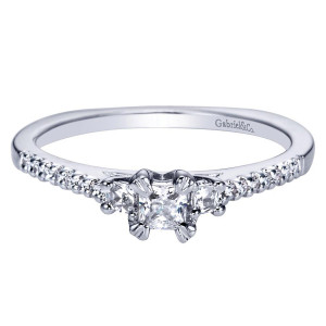 Gabriel & Co. ER94261W44JJ 14 karat white gold Contemporary engagement ring, angled top view of a princess center between two square side stones, prong set