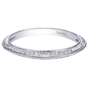 Gabriel & Co. WB5411W44JJ 14 karat white gold Victorian wedding band, angled view of the fine stone row pressed between narrow milgrain edges on a slender hoop
