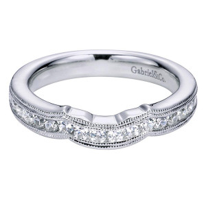 Gabriel & Co. WB5958W44JJ 14 karat white gold Victorian wedding band, front view of the contour notch at center with channel set rounds under milgrain edges