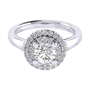 Gabriel & Co. ER009B4AIW44JJ 14 karat white gold Perfect Match engagement ring, front view of the round center in a double halo held by four rounded prongs