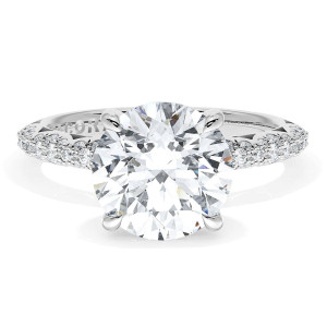 Tacori 40224RD Platinum ring, top view of round brilliant center on a pave diamond band with crescent cutouts