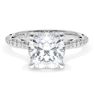 40325CU Platinum top view, cushion center stone on a tapering pave band with hidden halo collar in white metal