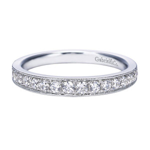 Gabriel & Co. WB8222W44JJ 14 karat white gold Victorian wedding band, front view of comparatively large rounds bead set in a channel with milgrain rails