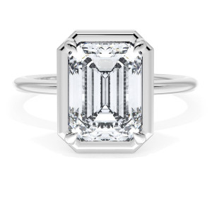 40417EC95X7 Platinum top view, emerald cut center in an octagonal metal frame on a plain platinum band