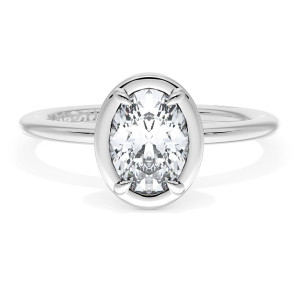 40417OV75X55 Platinum top view, oval center stone framed by a polished metal border on a plain band