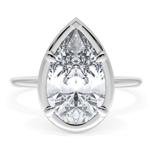 40417PS13X8W top view, pear shaped center stone inside a polished teardrop metal frame on a plain band