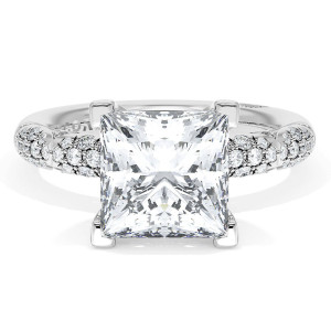 4063PR812W top view, princess cut center with milgrain edged pave segments on a white gold band