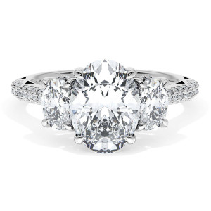 40727OV95X734 Platinum top view, oval center with two smaller oval side diamonds and pave shank