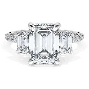 40827EC95X734W top view: three stone ring with emerald cut center and emerald cut sides on pave band