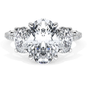 40827OV11X834W ring, top view of three stone design with oval center and oval side diamonds