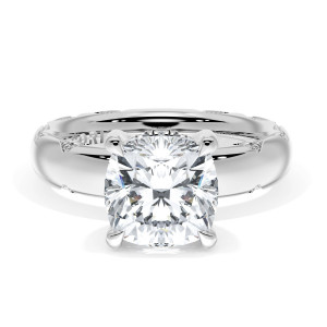 4144CU8 Platinum top view, cushion cut center on a wide polished band with milgrain crescent accents