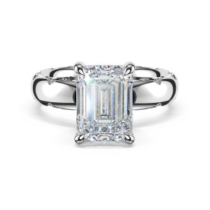 4144EC95X7W top view: emerald cut center stone on a polished band with crescent milgrain accents
