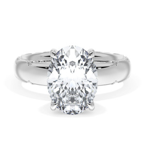 4144OV11X8 Platinum top view, oval center stone on polished white metal band with milgrain crescents