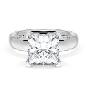4144PR8 Platinum top view, princess cut center on a polished white metal band with milgrain crescent detailing