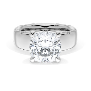 4146CU9 Platinum top view, cushion cut center stone on a wide polished band with milgrain crescent seams