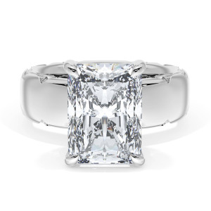 4146RAD11X8 Platinum top view, radiant cut center stone on a wide polished band with milgrain crescent seams