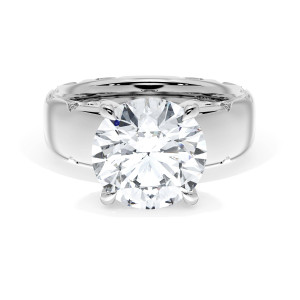 4146RD10 Platinum top view, round brilliant center in curved claw prongs on a wide polished white metal band