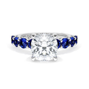 Tacori 415CU8BS Platinum ring, top view of cushion center stone with round blue sapphires along the band