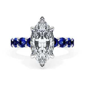 415MQ145X75BS Platinum top view, marquise center with v prongs on a band of round blue sapphires