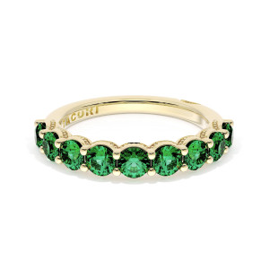Tacori 415Y65EM12 yellow gold band top view, round green emeralds with beaded milgrain arches