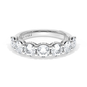 Tacori wedding band 4166512 Platinum top view showing row of large prong set round diamonds with milgrain arcs
