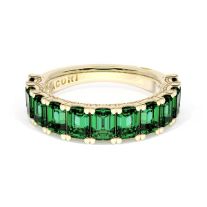 420Y65EM12 wedding band top view, emerald cut green emeralds in yellow gold
