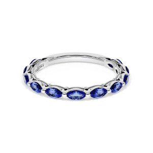 42225B34BS Platinum wedding band, angled top view showing the marquise blue sapphire row and milgrain rail