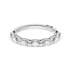 42228B12 Platinum wedding band, angled top view showing marquise diamonds set east to west