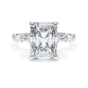 42228RAD11X8 Platinum ring, top view of elongated radiant cut center with marquise accents on the band