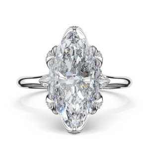 438MQ16X8W white gold ring, top view: long marquise center stone with leaf shaped accents at the corners