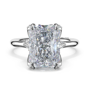 438RAD Platinum ring, top view of the elongated radiant cut center and leaf shaped accent clusters