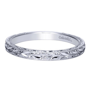 Gabriel & Co. WB8690W4JJJ 14 karat white gold Victorian wedding band, front view of carved foliage framed by twin beaded rims across a slender hoop